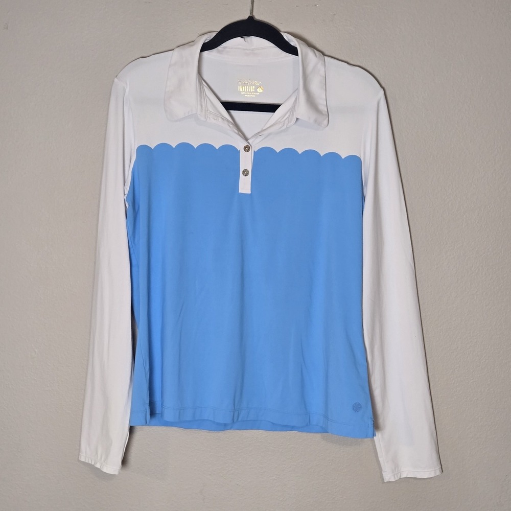 Lilly Pulitzer Luxletic Frida Scallop Polo Sun Shirt Blue White UPF 50 Large